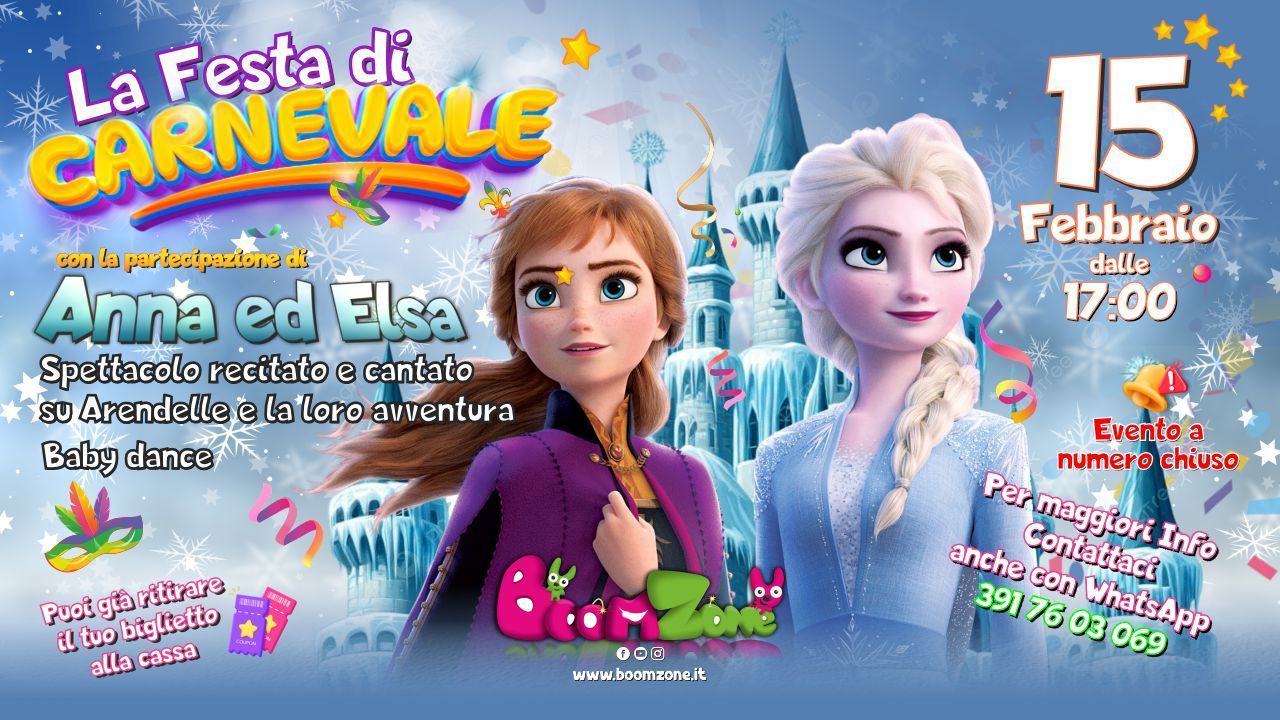 La festa di Carnevale al Boom Zone Domenica 15 Febbraio ore 17:00 – Frozen Live Show!, Boom Zone parco divertimenti a Palermo